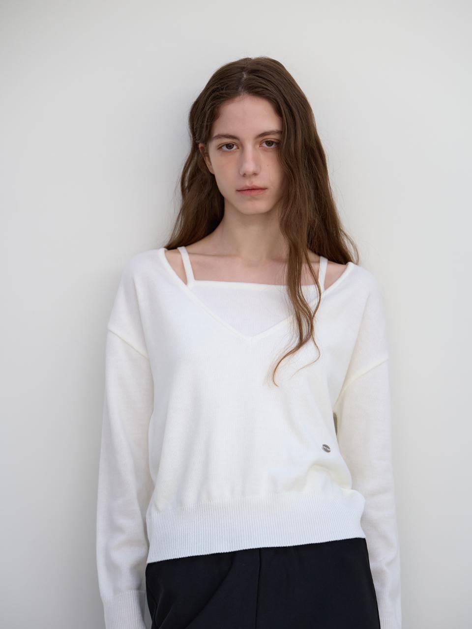 Button Deep V-Neck Knit Set (Ivory) Ivory