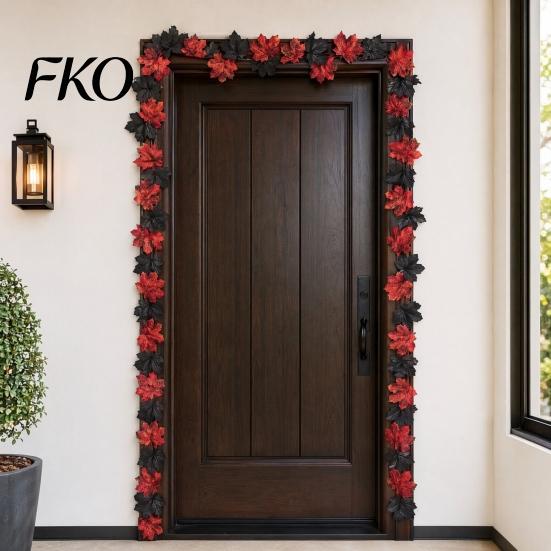 High-density Fabric Leaves Artificial Maple Leaf Garland, Autumn Faux Vine, Black & Red Fall Garland Hanging Vine for Fireplace Front Door