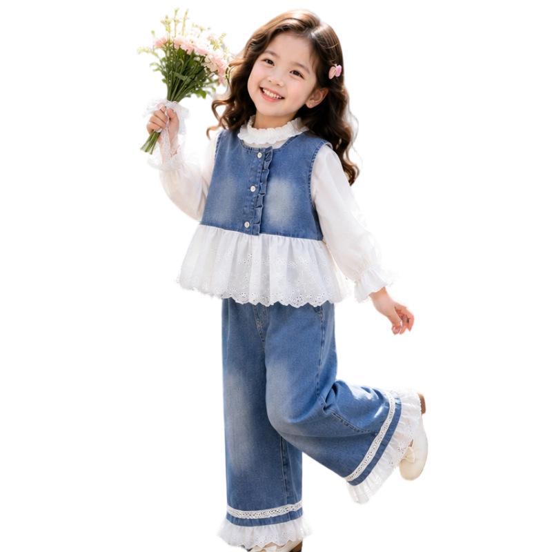 Girls' Stylish Faux Two-Piece Denim Suit: Lace Trim Top & Wide-Leg Pants Set for Spring & Autumn
