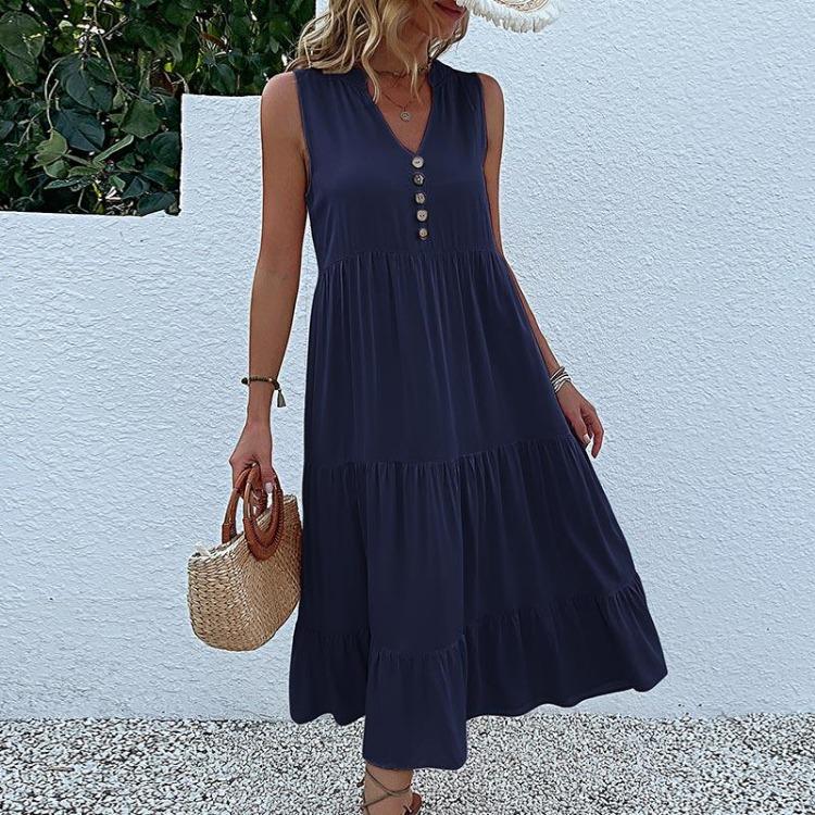 Robe d'été pour femme, coupe trapèze, longueur genou, sans manches, couleur unie, col en V