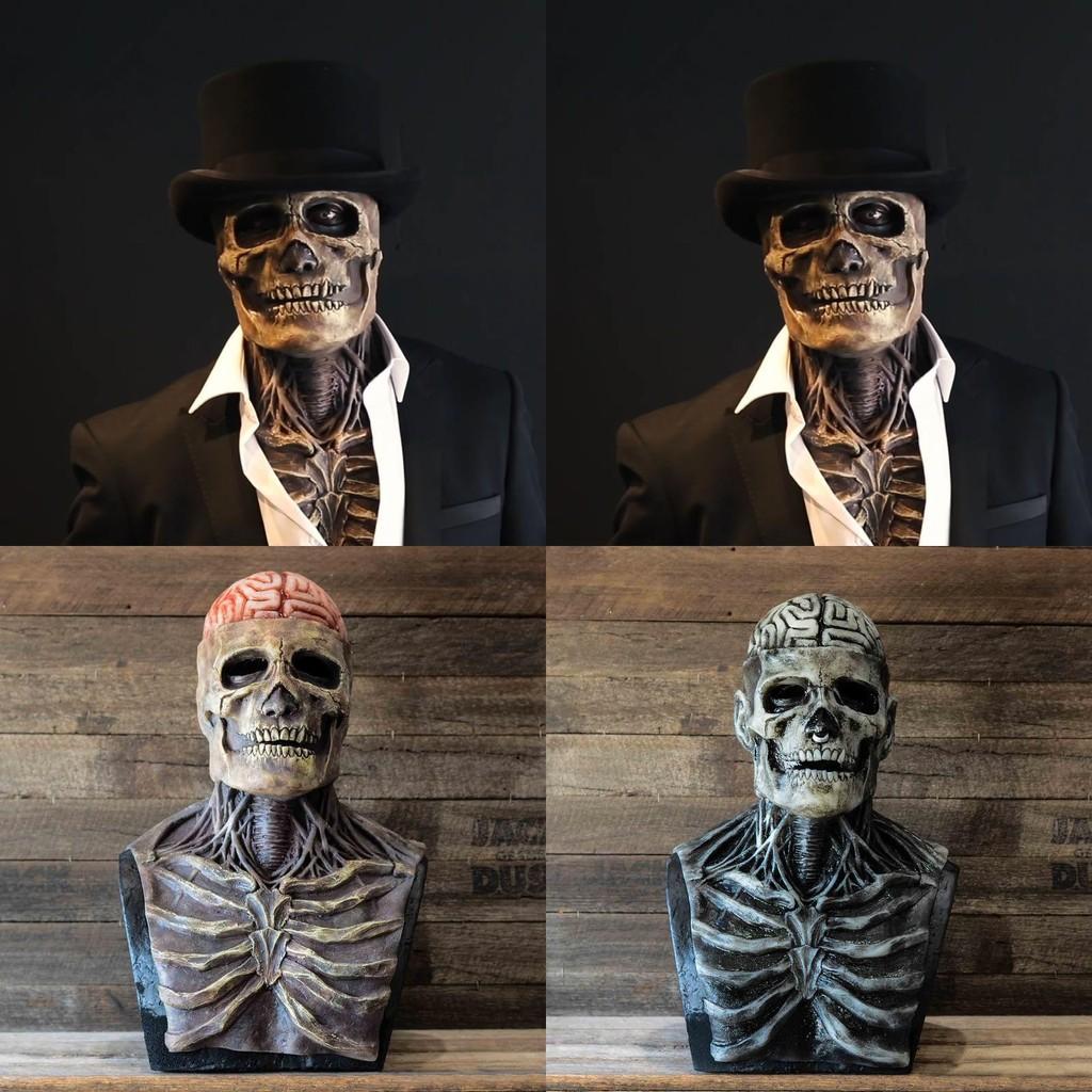 Spooky Skeleton Biochemical Mask For Halloween Events Full Cover Silicone Accessory With Hat