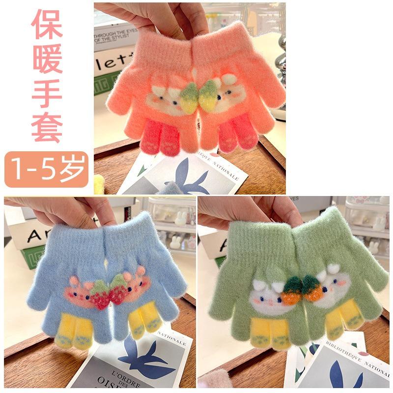 Grass plum rabbit children's gloves baby full finger thickened warm year old full finger child finger cover new gloves