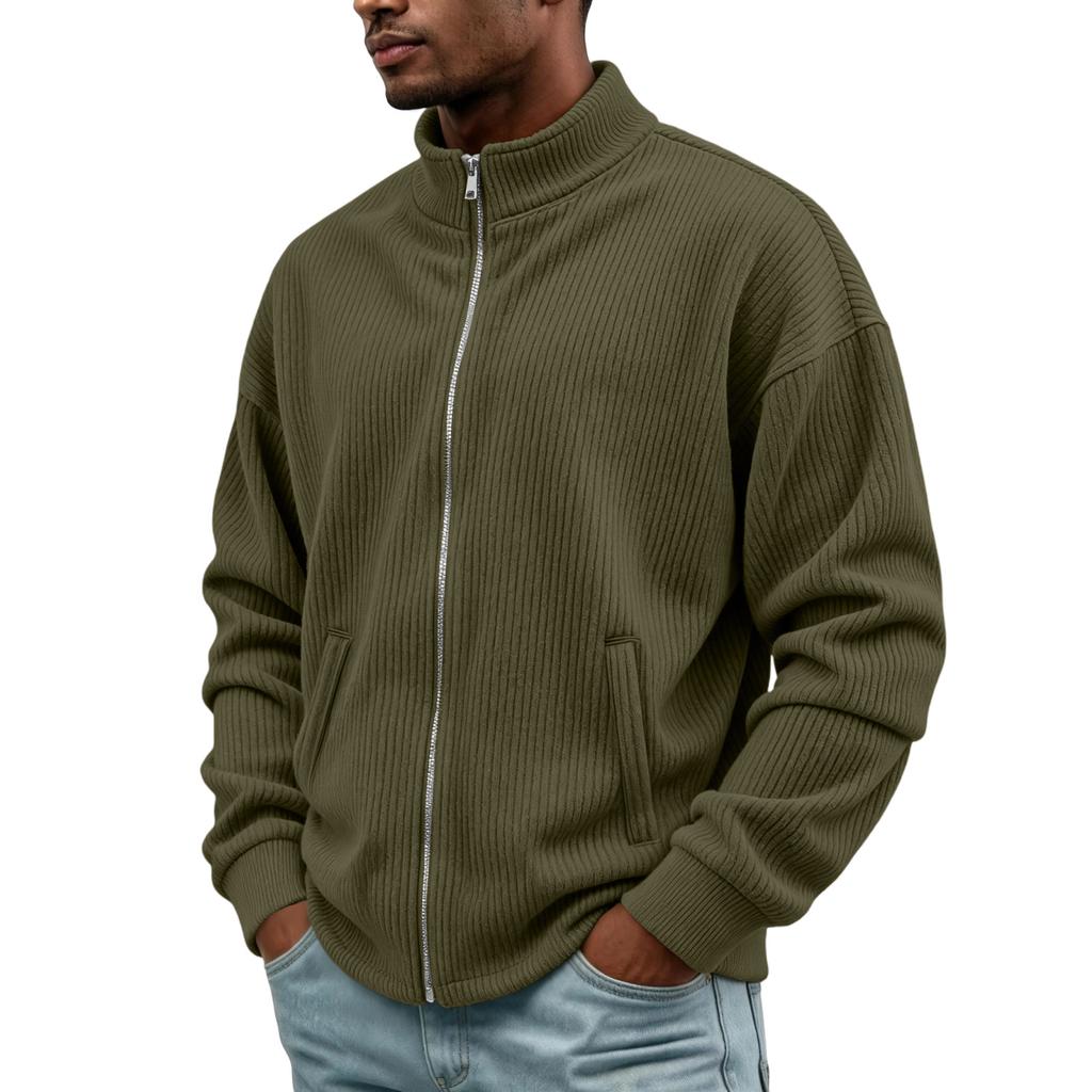 Men's Retro Corduroy Zip Cardigan with Two Pockets Casual Sweater