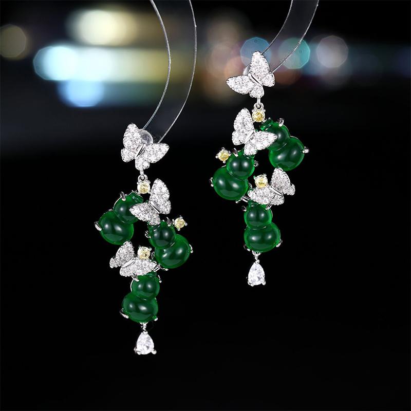 New Chinese-style vintage gourd butterfly luxury earrings with micro-set zircon stones, fashionable Chinese-inspired ear drops