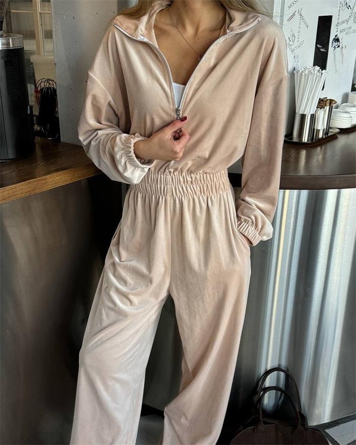 European and American Autumn and Winter Women's New Fashion Long-sleeved Jumpsuit Women's Casual Semi-open Elastic Waist Jumpsuit