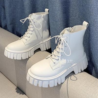 Rimocy 2024 New Women White Ankle Boots PU Leather Thick Sole Lace Up Combat Booties Female Autumn Winter Platform Shoes Woman