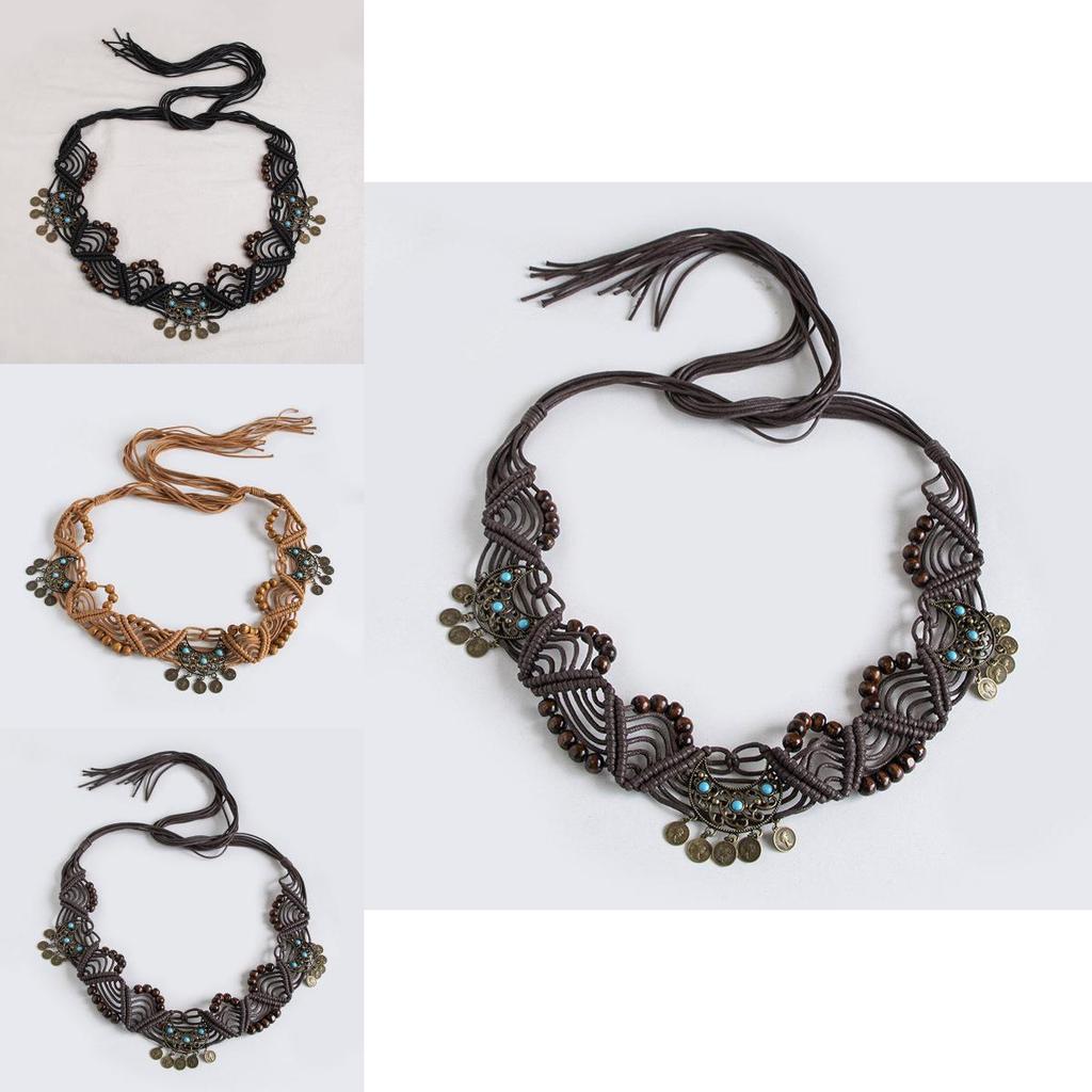 Bohemian Waist Belt Ethnic Style Handwoven With Coin And Moon Details For Vacation Wear