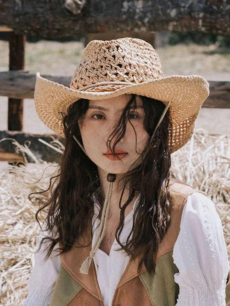 Boho Woven Straw Hat For Women With Western Cowboy Style Hollow Out Design Sun Protection Breathable Windproof Rope Beach Summer