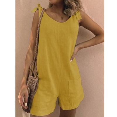 Sommer Damen Einfarbig Baumwolle und Leinen Aufgesetzte Taschen Locker Freizeit Jumpsuit Shorts Träger Latzhose Ärmellos Jumpsuit
