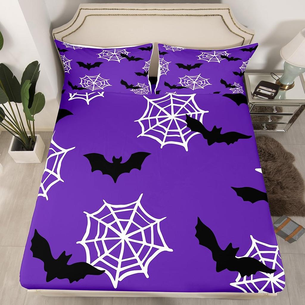 Gothic Spooky Bedding Set Pumpkin Lantern Cute Halloween Bed Sheets for Kids Boys Teens,Ghost Spiderwebs Fitted Sheet Black Cat Cobwebs Bats