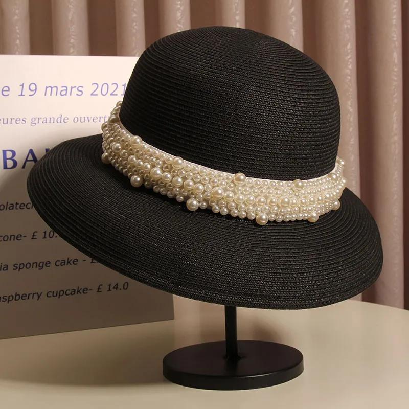 WTEMPO Women's Foldable Fashion Sun Protection Adjustable Cool Hats Solid Color Spring Summer Wide Brim Sun Hats with Pearls
