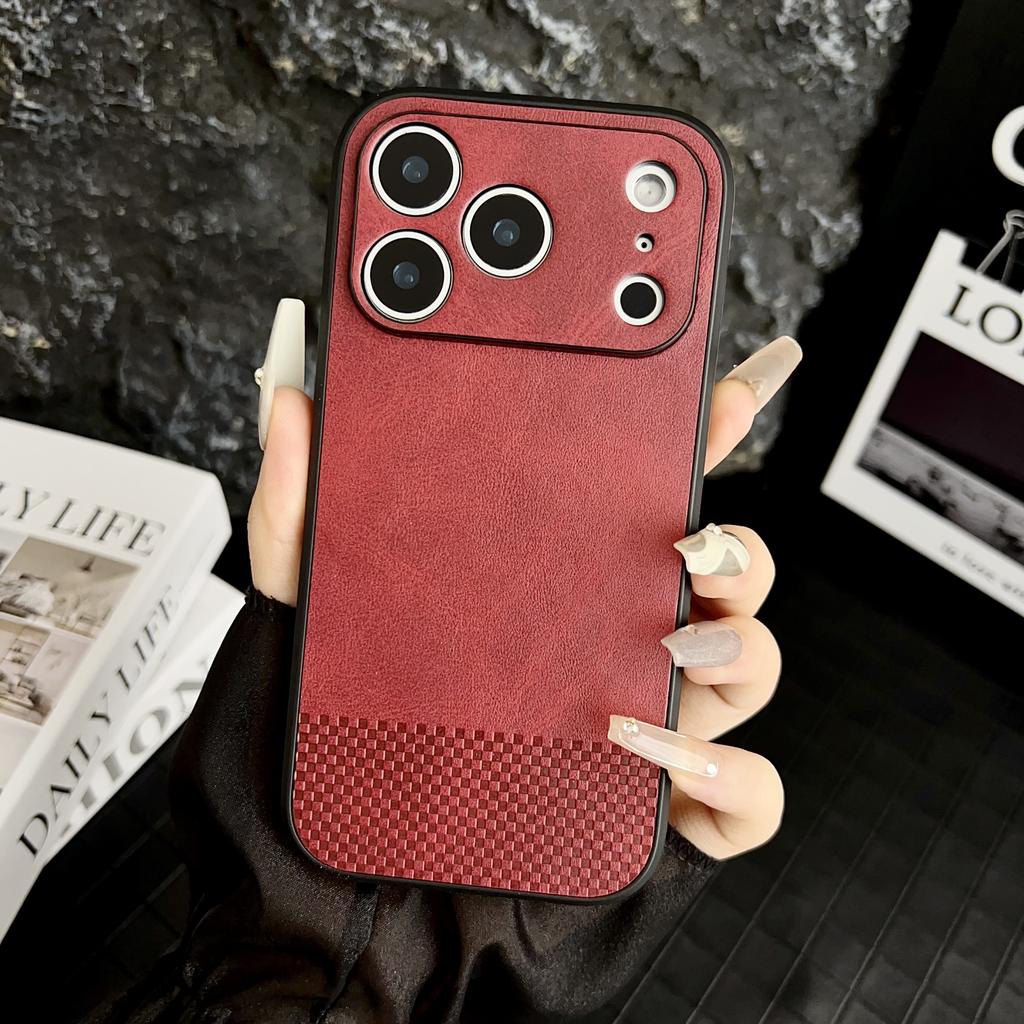 For iPhone 17 Pro Max Case Grid Texture PU Leather Coated PC TPU Phone Cover