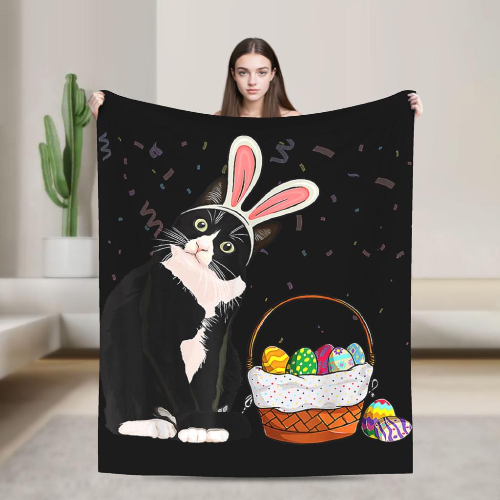 Easter Day Cat Bunny Ears Eggs Plush Blanket Girls Boys Flannel Throw Blanket For Living Room Warm Soft Bedspread Gift Idea