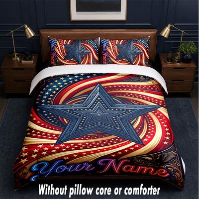 Set de așternut cu tematică patriotică americană, text sau nume personalizat, 3 piese, 1 cearșaf de deasupra și 2 fețe de pernă, așternut personalizat pentru casă