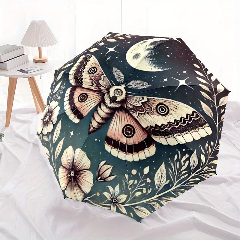 1pc Moonlit Moth Automatic Open/Close Umbrella with Windproof, Functional Design, 8-Rib Sturdy Canopy
