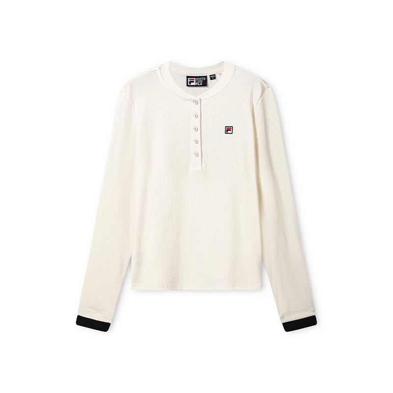 Fila Heritage Color Block Henley Ribbed Fashion Versatile T-Shirt Women Tops Egrets-White F11W648201FWT