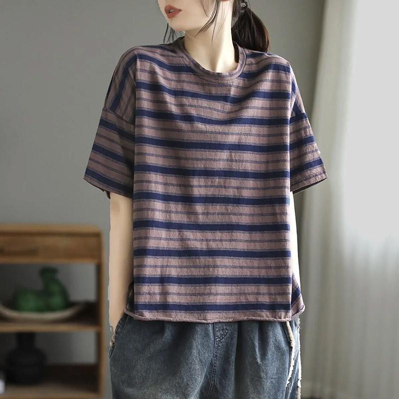 T-shirt for Women Summer Large Size Cotton T-shirt Soft Loose Printed Casual Striped Pullover T-shirt Top