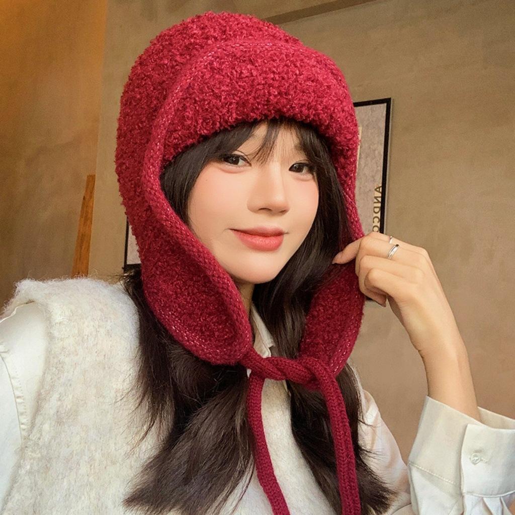 Solid Color Winter Warm Knitted Beanies Women Warm Woolen Japanese Hat Pile Caps Ear Protection Tie Pullover Hat Bomber Hats
