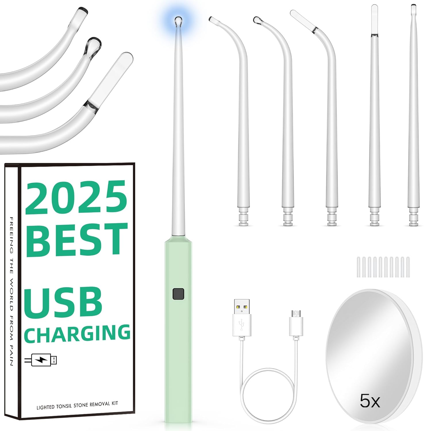 2025 Best Tonsil Stone Remover 6pcs Extended LED Light Guiding Scoop Curved Tonsil Stone Removal Kit Remove Tonsil Stone Water Flosser Oral Irrigator