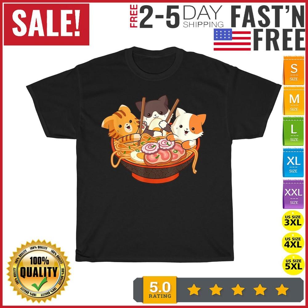 Kawaii Cute Anime Cats Otaku Japanese Ramen Noodles Vintage T Shirt Men Women