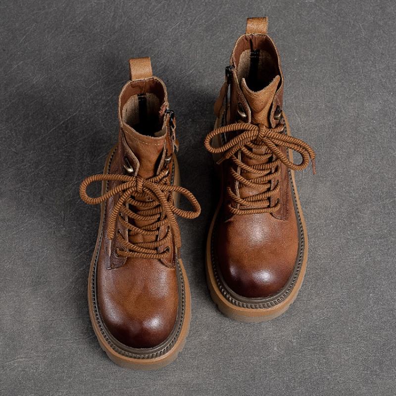 Johnature Thick Sole Vintage Boots Side Zipper Genuine Leather Short Boots Fashion Versatile Women Shoes