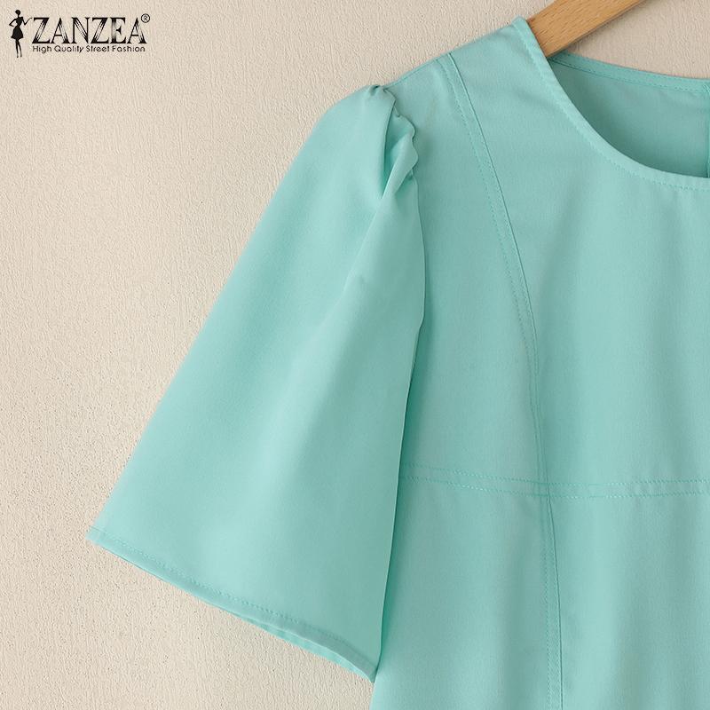 ZANZEA Damen Sommerkleid mit Rundhalsausschnitt, einfarbig, lässig, kurzärmelig