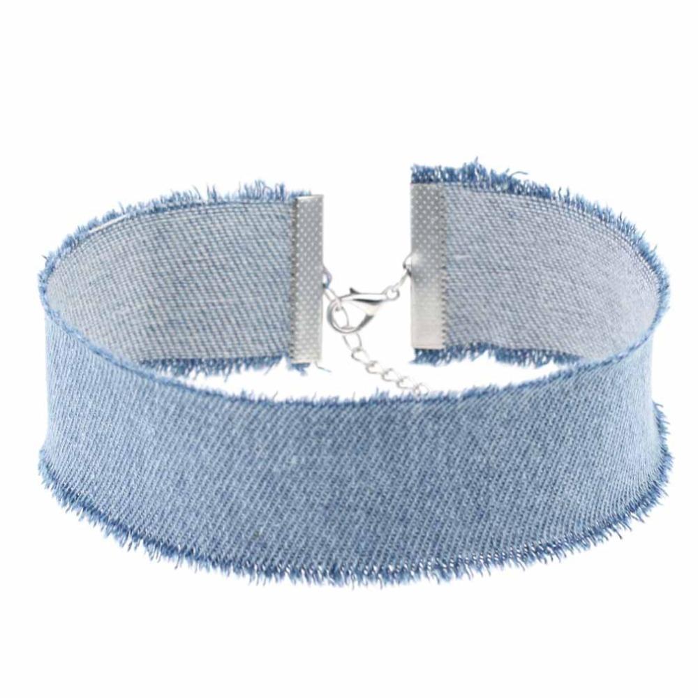 Personality Denim Choker Necklace Punk Harajuku Retro Neckband Clavicle Chain Statement Accessory светло-синий