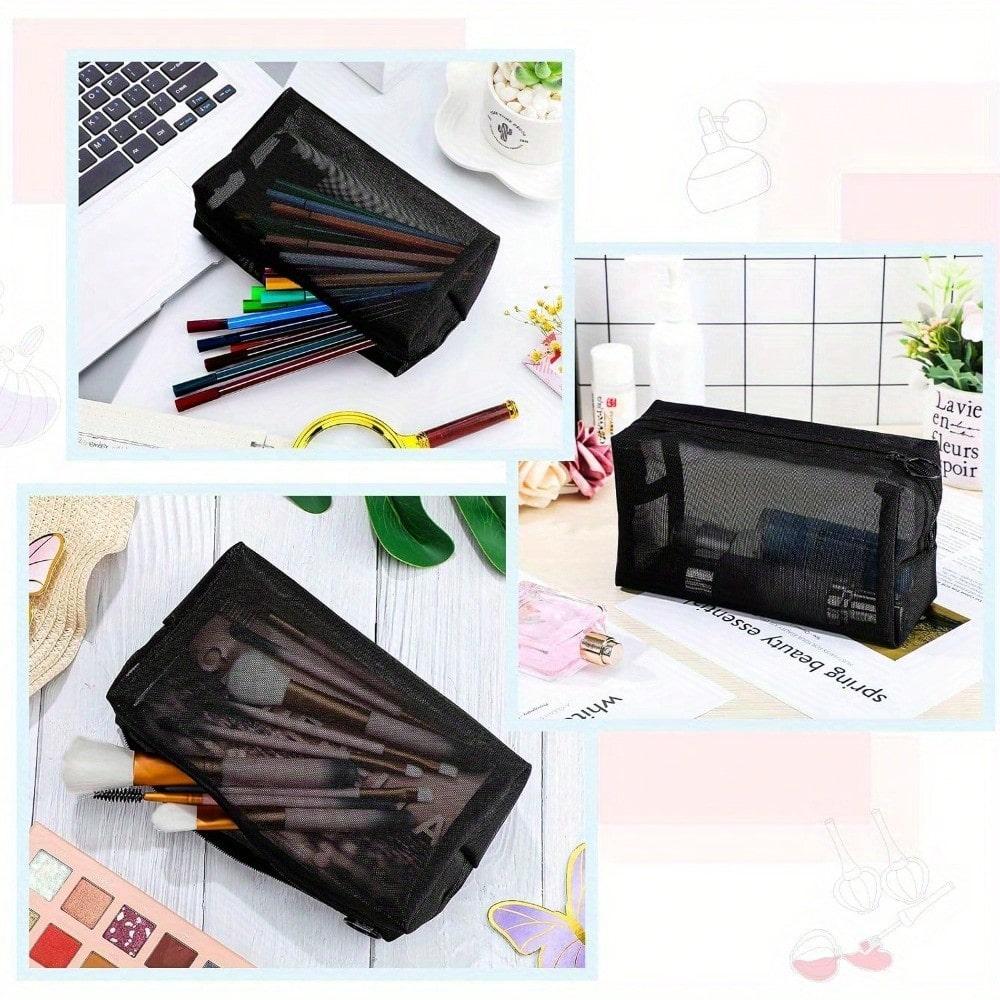 10pcs Mesh Makeup Bag Portable Mesh Cosmetic Bag Black Zipper Pouch Breathable Travel Toiletry Bag for Home Offices Travel