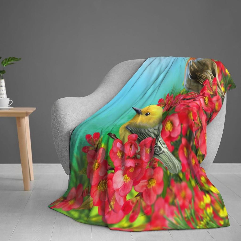 Spring Birds Blooming Flowers Throw Blankets All Season Ultra Soft Warm Fleece Blanket for Home Bed Sofa Couch Chair Outdoor Tra