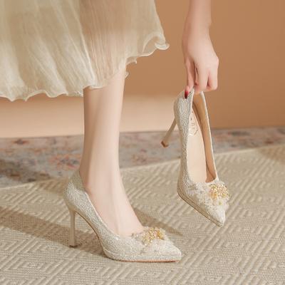 French Satin Wedding Shoes Female Bride Shoes Xiuhe Wedding Dress Two Wear Waterproof Table Crystal Flower Thin Heel Not Tired Feet Single Shoes