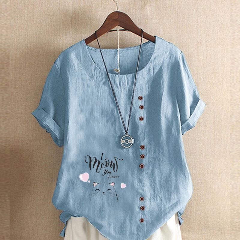 Women's Fashion Cat Letters Prined Short Sleeve T-shirt Loose Cotton Shirt Casual Loose Summer Blouse Tops Plus Size