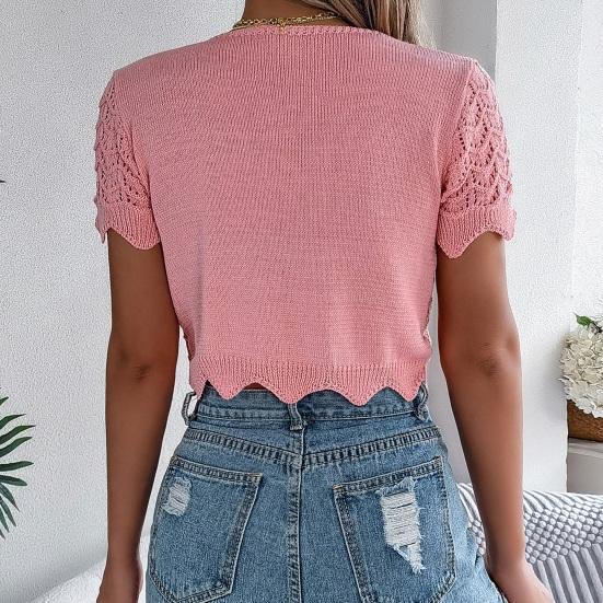Women Crochet Tops Short Sleeve Lace-up Hollow Design Knitting Tops Sun Protection Summer Vacation Tops