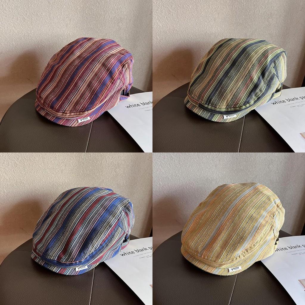 Vintage Striped Cotton Duckbill Cap With Adjustable Fit For Casual Spring Autumn Wear