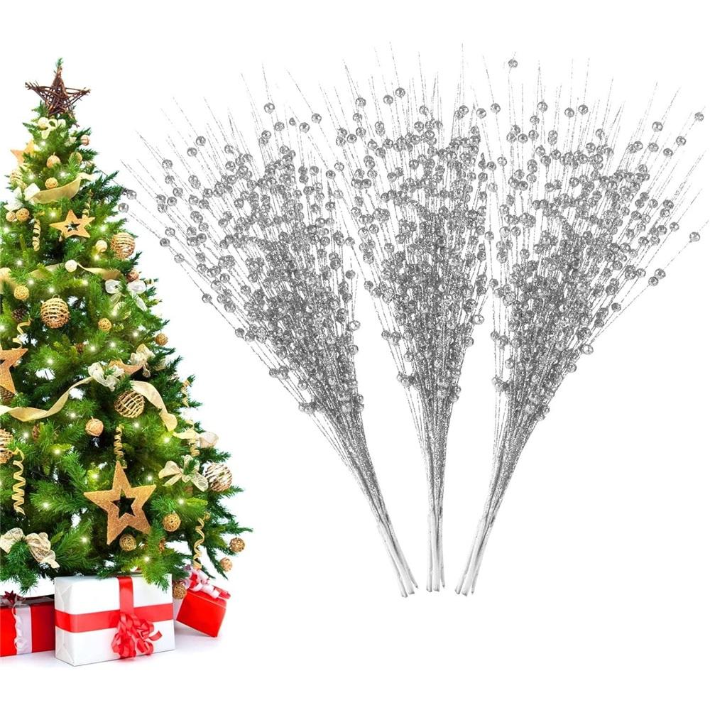 30 Pack Silver Artificial Glitter Berry Stem Ornaments 15.75 Inches Fake Christmas Picks Decorative Glitter Sticks for Vase Christmas Tree 30