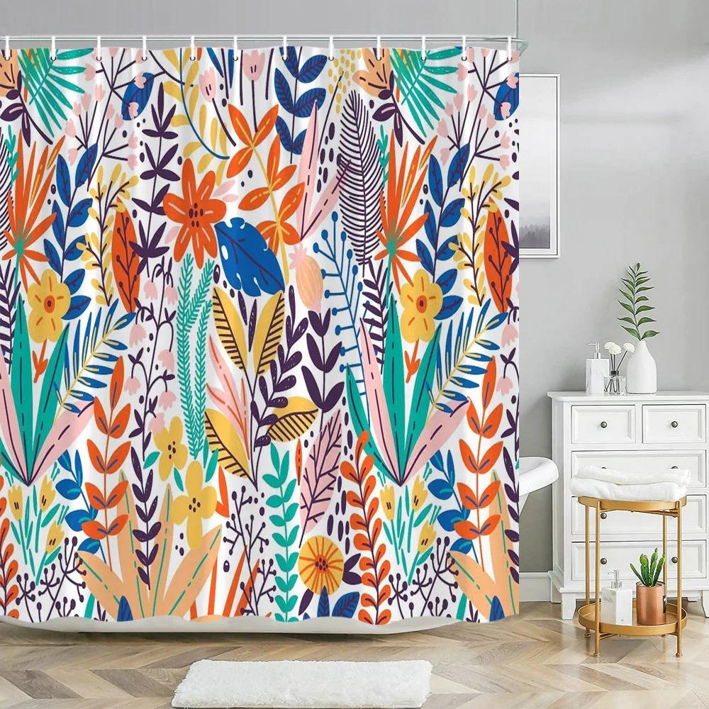 Bunte Blumenduschvorhang Blumenduschvorhänge Hübscher blauer Duschvorhang Leuchtende böhmische Boho-Blumen-Badezimmerdeko