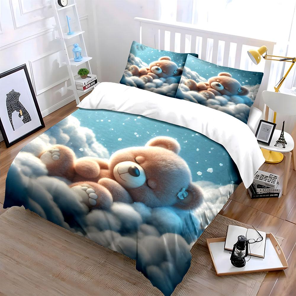Plush Teddy Sleeping Peacefully Printed Duvet Cover Set1 Duvet Cover+2 Pillowcasemulti Size Bedroom Bedding Decor Luxury Gifts