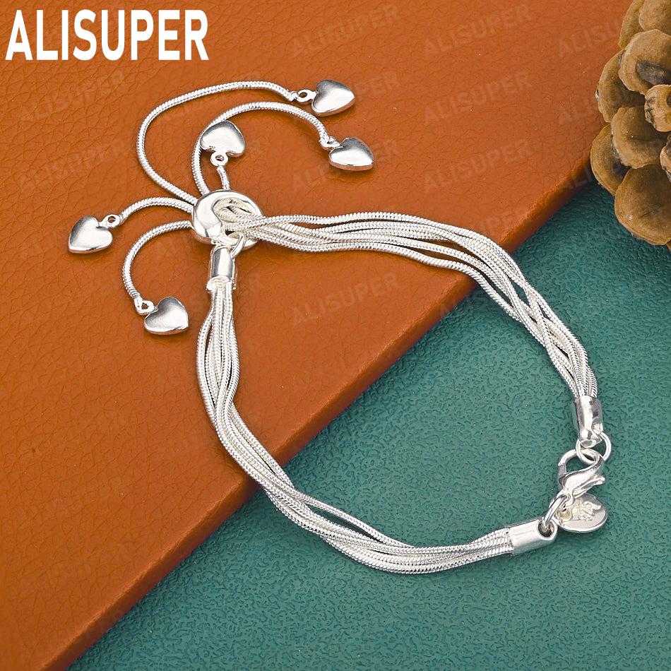 925 Sterling Silver Tassel Heart Side Chain Exquisite Bracelet Gift Jewelry 20CM