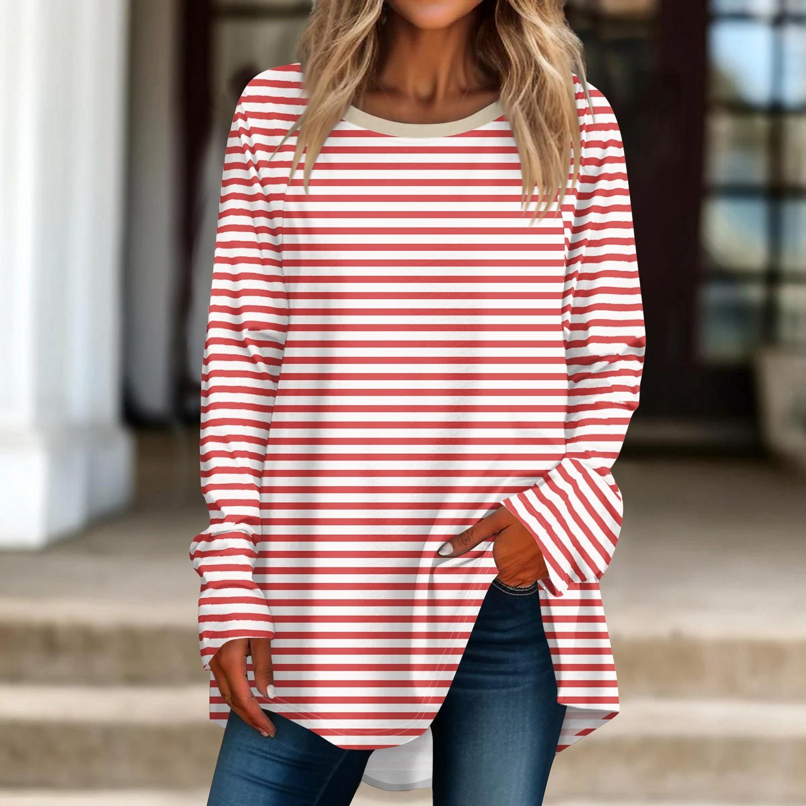 

Женская негабаритная полосатая рубашка с длинными рукавами и круглым вырезом, полосатая футболка, верхний пуловер M красный
