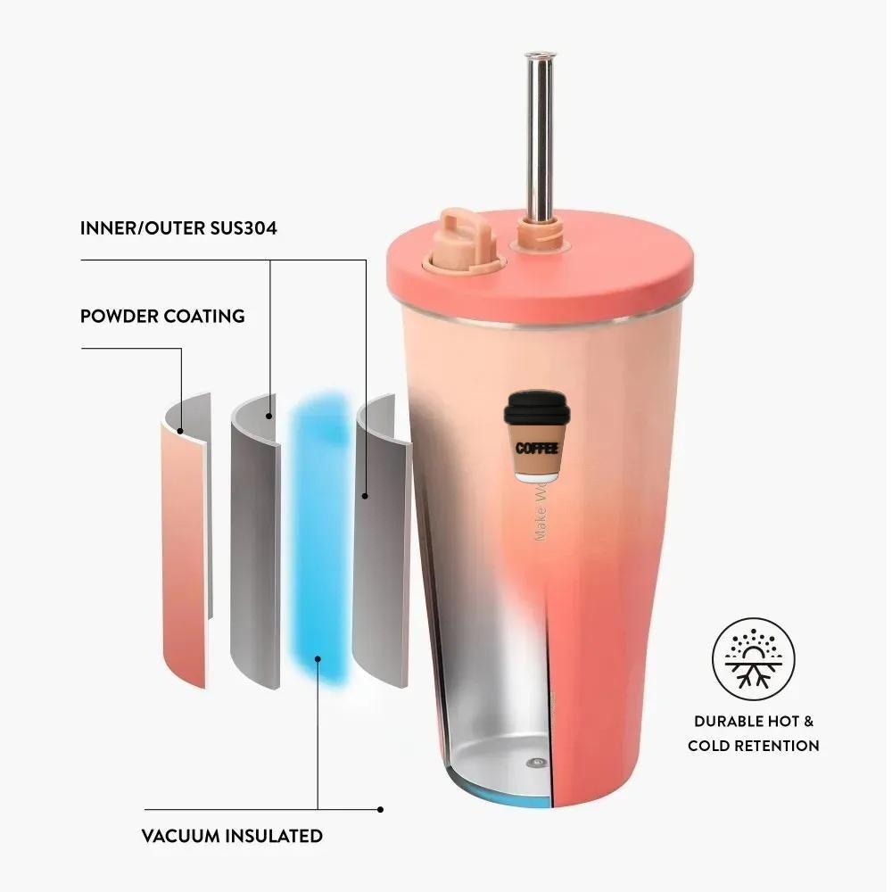 Tyeso 600ML Stainless Steel Coffee Cup With Straw Gradient Color Insulated Water Bottle Car Thermos Mug Cold Drink Vacuum Cup with Coffee Sticker