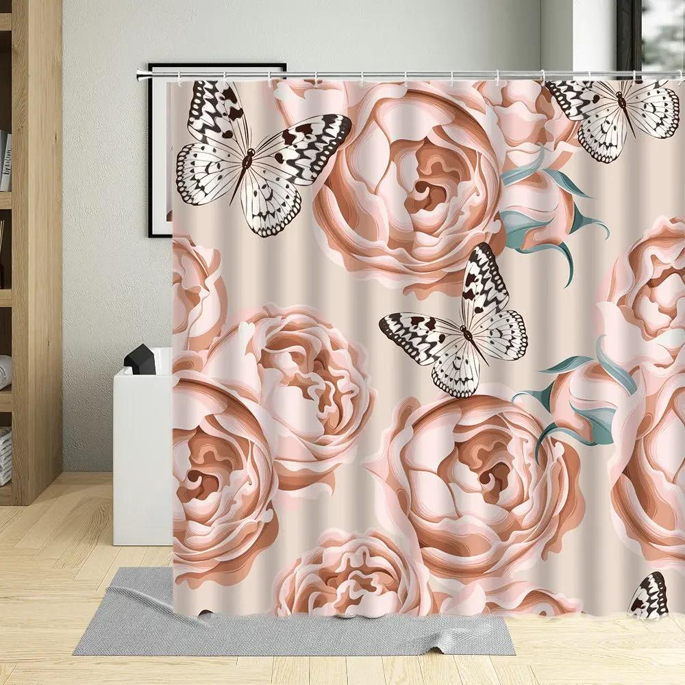 Spring Flowers Butterfly Shower Curtain Daisy Rose Orchid Floral Plant Home Decor Screens Waterproof Bathroom Curtains With Hook