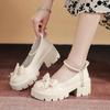 Leather Shoes Female French Thick Heel Pearl Bow Mary Jane Single Shoes