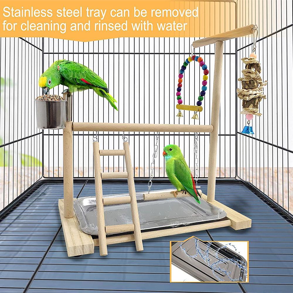Wood Bird Playground Parrot Playstand with Feeder Cups Ladder Versatile Exercise Swing Toys for