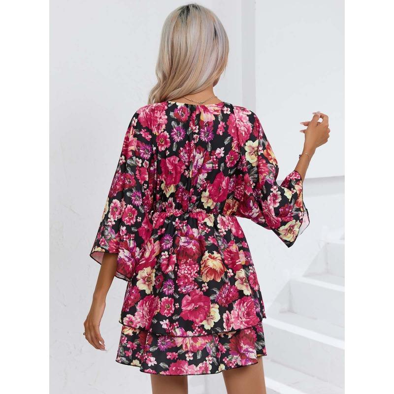 Women's Dress Summer Print Seven Quarter Sleeves V-neck Foreign Trade Women's Clothing Casual Dresses
