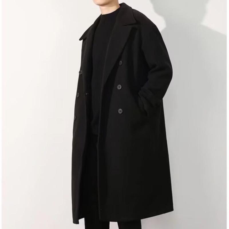 

Men s Black Double-Breasted Wool Trench Coat - Autumn/Winter Mid-Length Style Large чорний