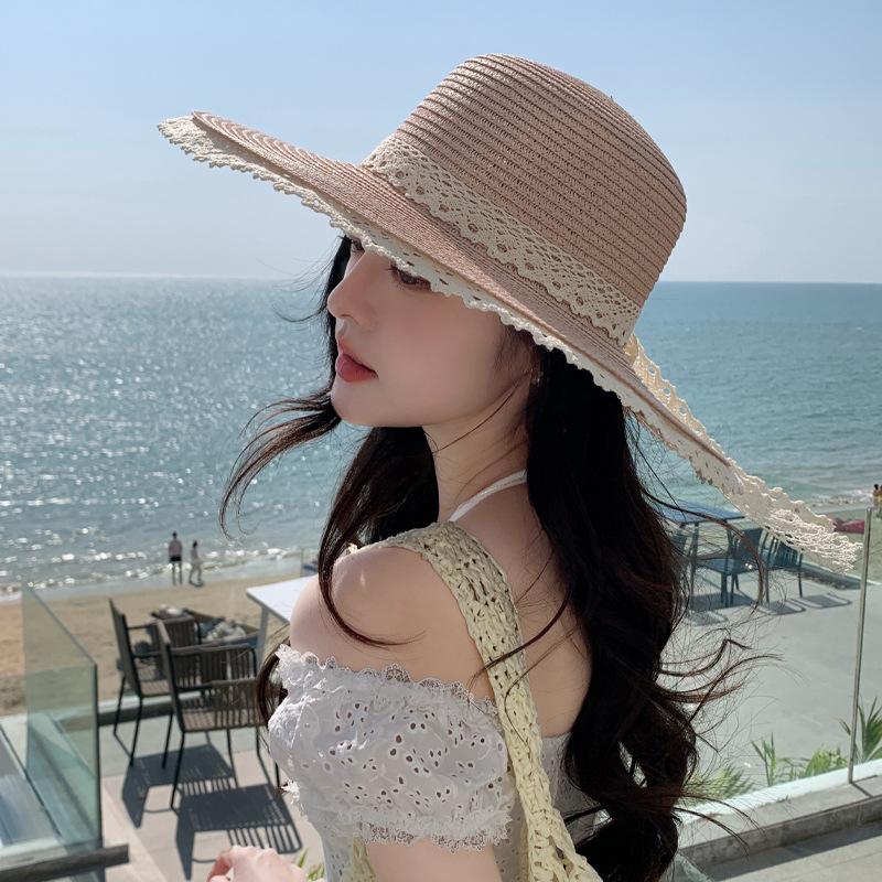 New Hat Women's French Lace Bow Woven Straw Hat Summer Seaside Vacation Big Brim Sun Protection Hat
