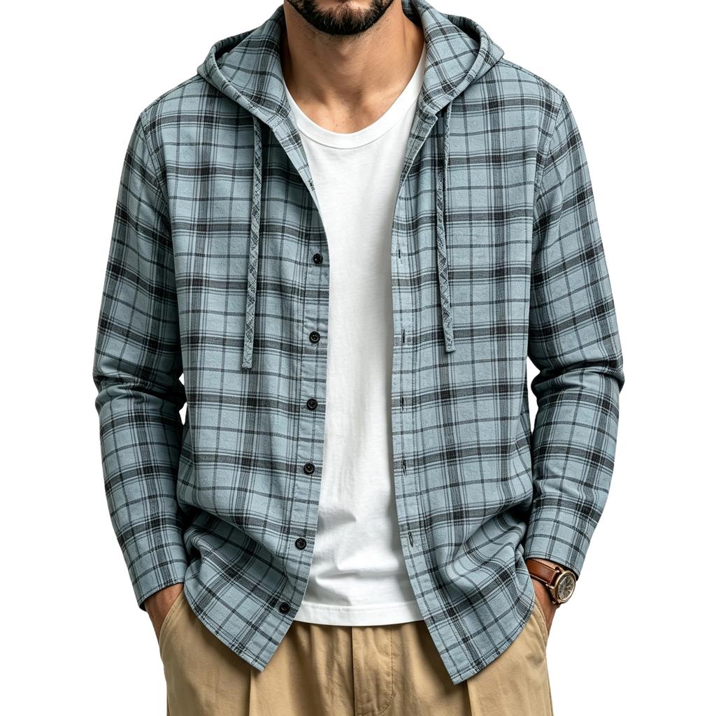 Men's Retro Casual Lightweight Loose Fit Plaid Hooded Long Sleeve Sun Shirt