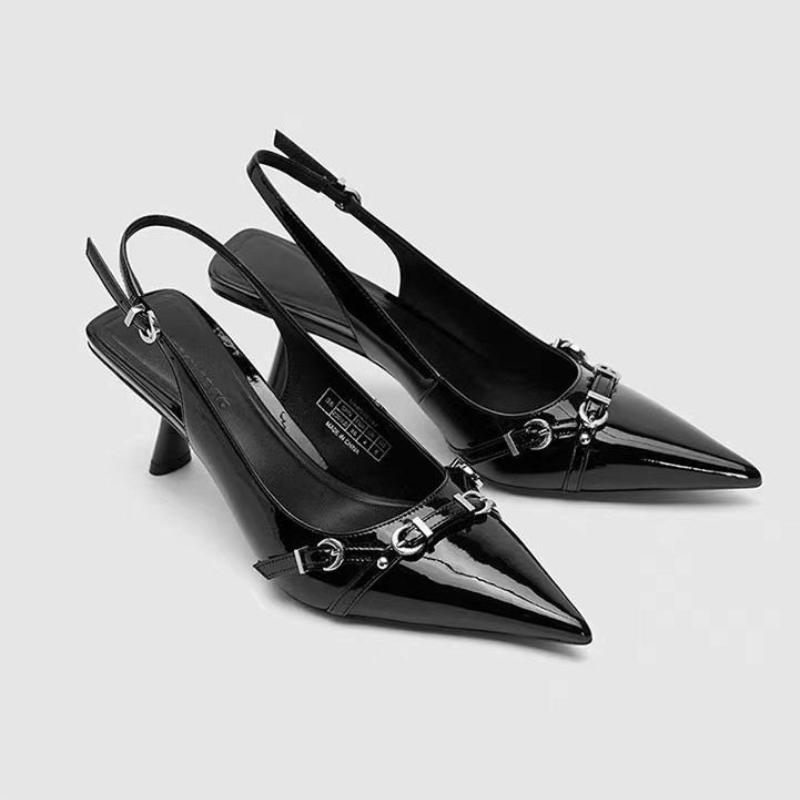 

Fashion Luxury Brand Designer Women Sandals Fashion Pointed Toe Buckle Strap Metal High Heeled Kitten Heel Elegant Single Shoes Female 34 чёрный