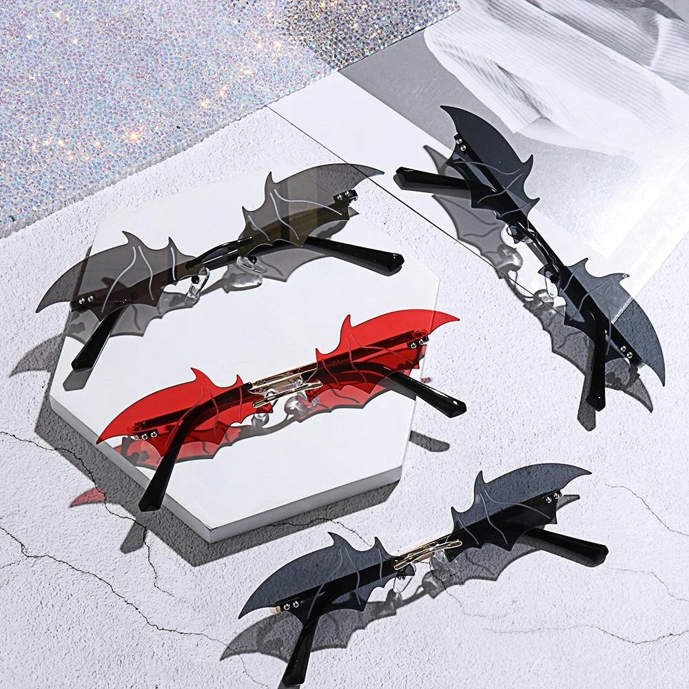 Fashion Rimless Unisex Design Sunglasses Trendy Bat Shaped Sun Eyeglasses Women Male Classic Vintage Sunglasses Halloween Accessories Oculos De Sol