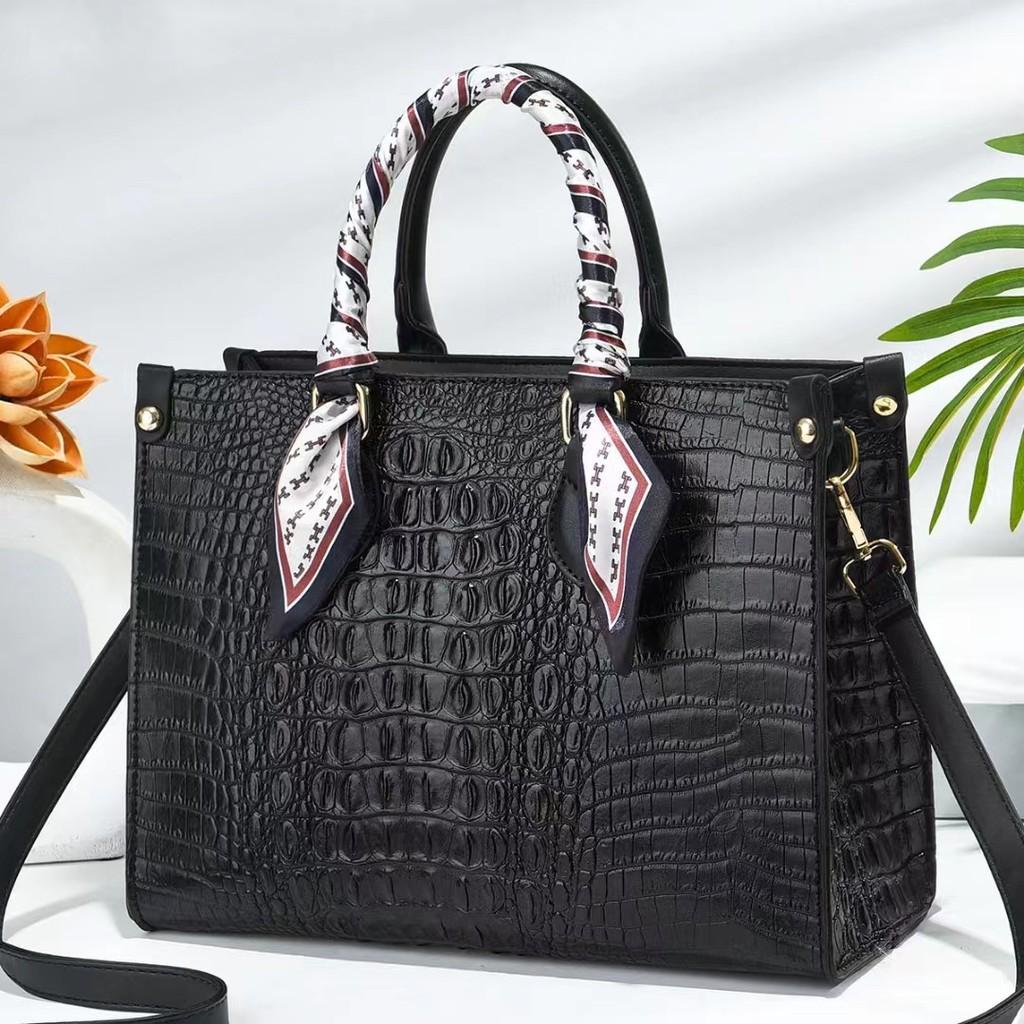 Womens Handheld Crossbody Bag With Crocodile Embossed And Silk Scarf Decoration