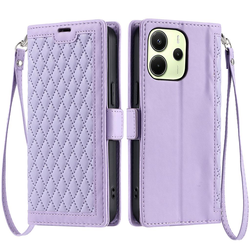 For Xiaomi Redmi Note 14 4G (163.25mm) Leather Case Rhombus Texture Wallet Stand Phone Cover with Wrist Strap